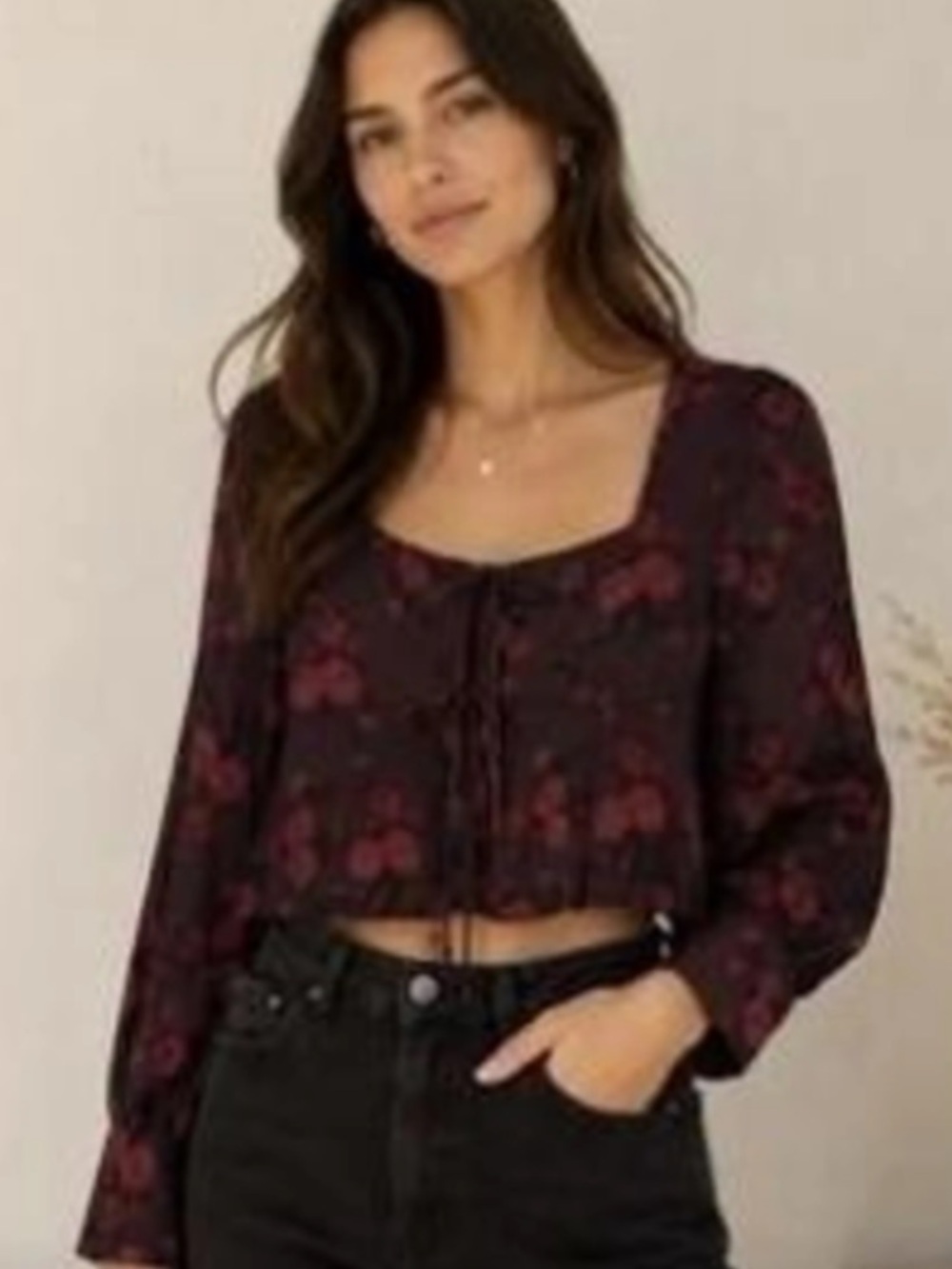 Leith Plum Floral Tie-Front Peplum Blouse